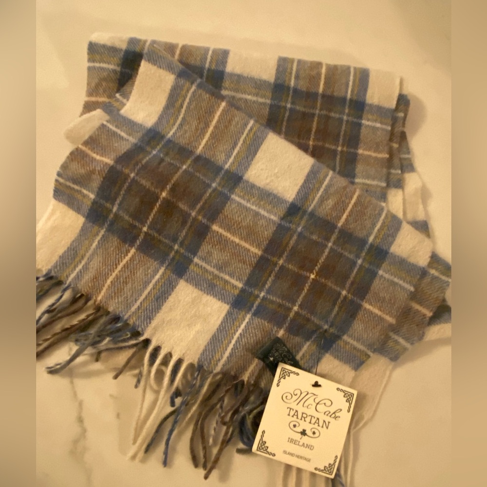 McCabe Tartan Ireland NWT 100% Wool Plaid Scarf in Blue and Brown Cozy